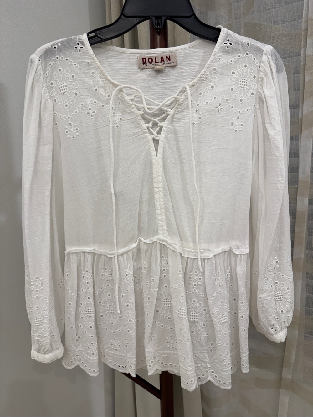 dolan White Eyelet Lace-Up Boho Peasant Top